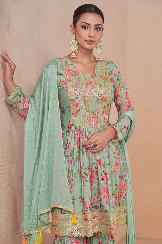 Tempting Chinon Fabric Sea Green Color Palazzo Suit With Digital Printed Work