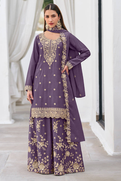 Purple Zari Floral Embroidered Palazzo Suit