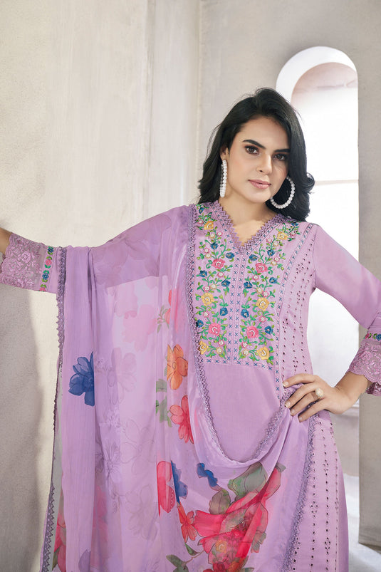 Viscose Fabric Festive Wear Mesmeric Salwar Suit In Lavender Color