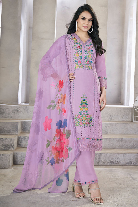 Viscose Fabric Festive Wear Mesmeric Salwar Suit In Lavender Color