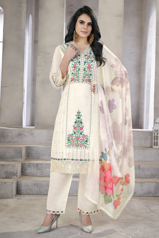 Off White Color Viscose Fabric Festive Wear Trendy Salwar Suit