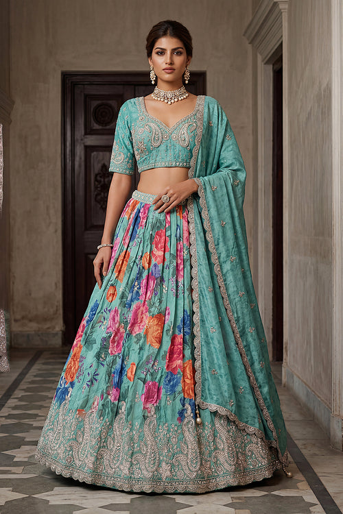 Cyan Tissue Lehenga Choli With Fancy Embroidered Work