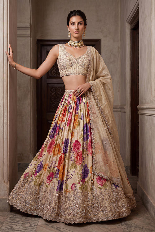 Embroidered Tissue Cream Lehenga Choli For Sangeet Function
