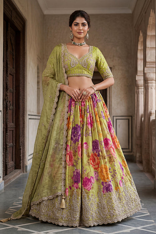 Heavy Embroidered Tissue Green Lehenga Choli