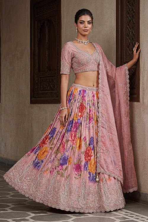 Pink Tissue Sangeet Function Heavy Embroidered Lehenga Choli