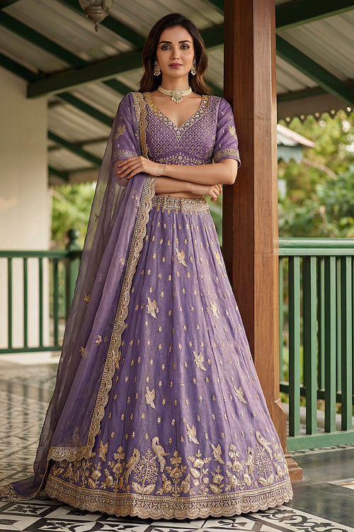 Embroidered Tissue Organza Lavender Sangeet Wear Lehenga Choli