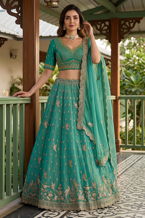 Cyan Wedding Function Designer Lehenga With Embroidered Blouse