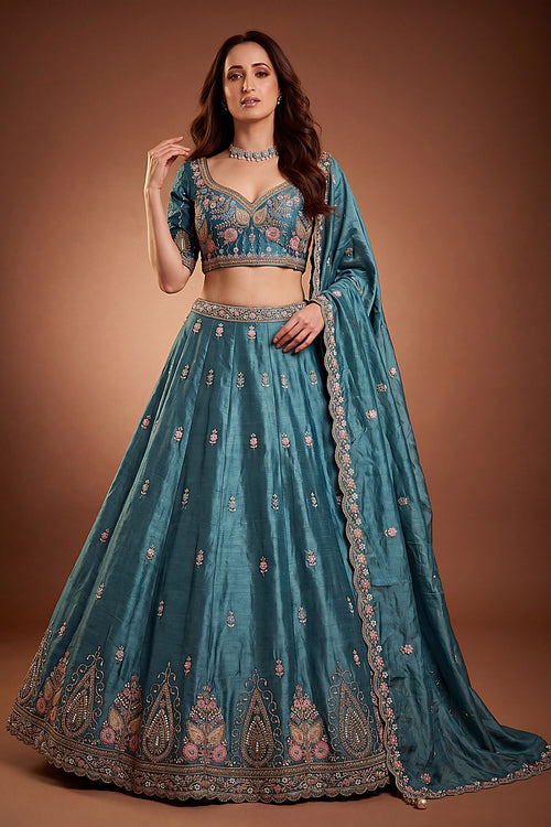 Teal Heavy Beads Work Viscose Lehenga Choli
