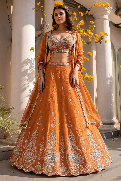 Viscose Beads Work Orange Sangeet Wear Lehenga Choli