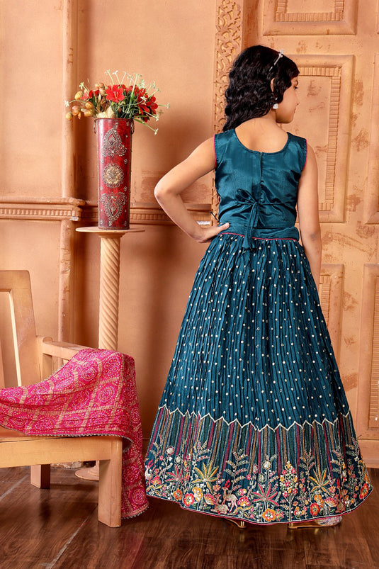 Gorgeous Teal Color Chinon Fabric Embroidered Festive Wear Kids Readymade Lehenga Choli