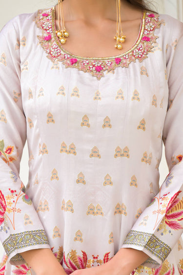 Off White Festive Wear Art Silk Digital Printed Readymade Anarkali Style Salwar Suit With Duppata
