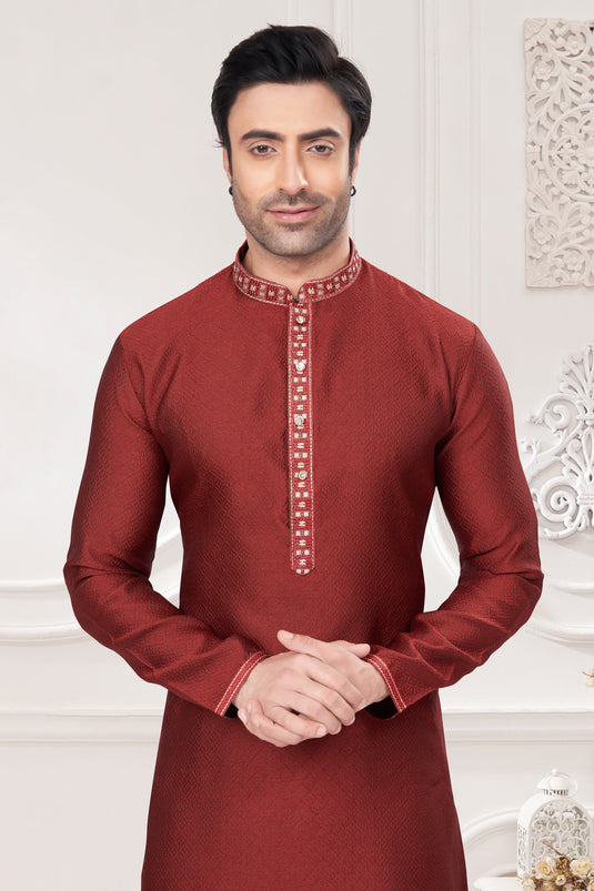 Elegant Jacquard Fabric Red Color Kurta Pyjama Set