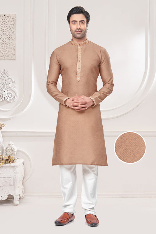 Stylish Jacquard Fabric Cream Color Kurta Pyjama For Function