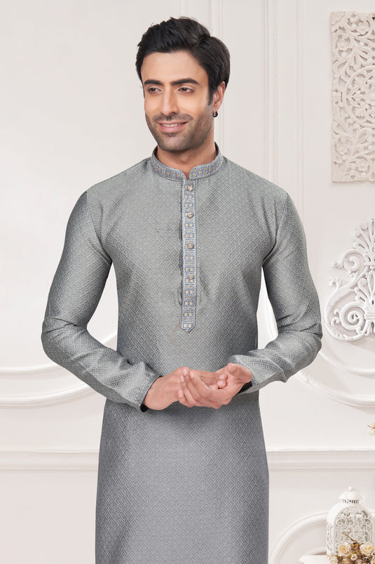 Vibrant Grey Color Jacquard Fabric Kurta Pyjama For Function