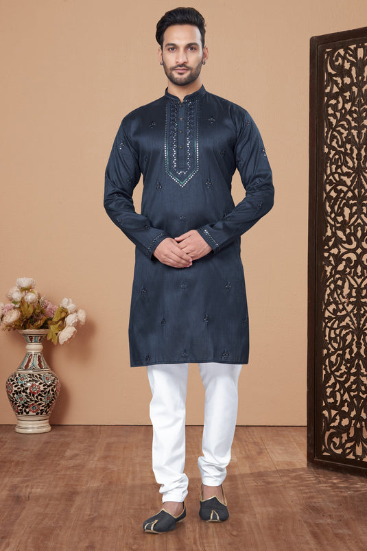 Dazzling Function Wear Navy Blue Color Readymade Kurta Pyjama In Art Silk Fabric