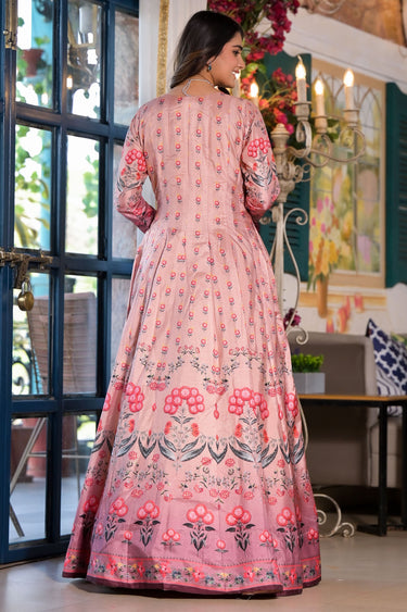 Peach Dola Silk Printed Readymade Anarkali Salwar Kameez