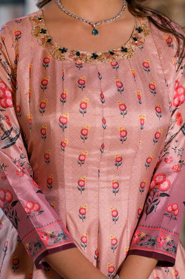 Peach Dola Silk Printed Readymade Anarkali Salwar Kameez