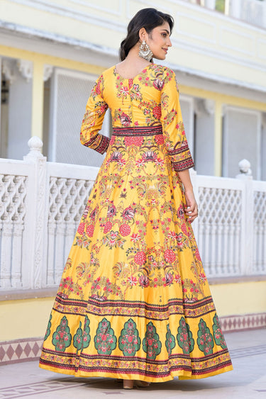 Excellent Dola Silk Fabric Yellow Color Digital Printed Readymade Anarkali Suit