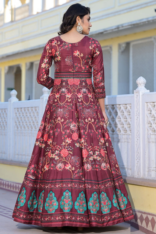 Maroon Color Dola Silk Fabric Stunning Digital Printed Readymade Anarkali Suit