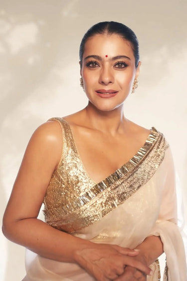 Bollywood Celebrity Kajol Devgan Beige Color Saree For Party Wear