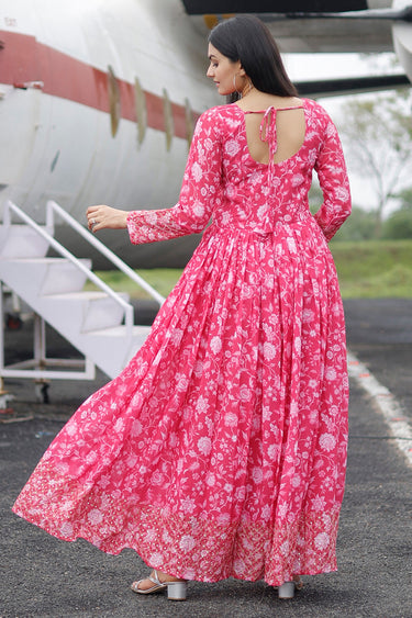 Merlot Georgette Fabric Pink Color Floral Printed Readymade Gown