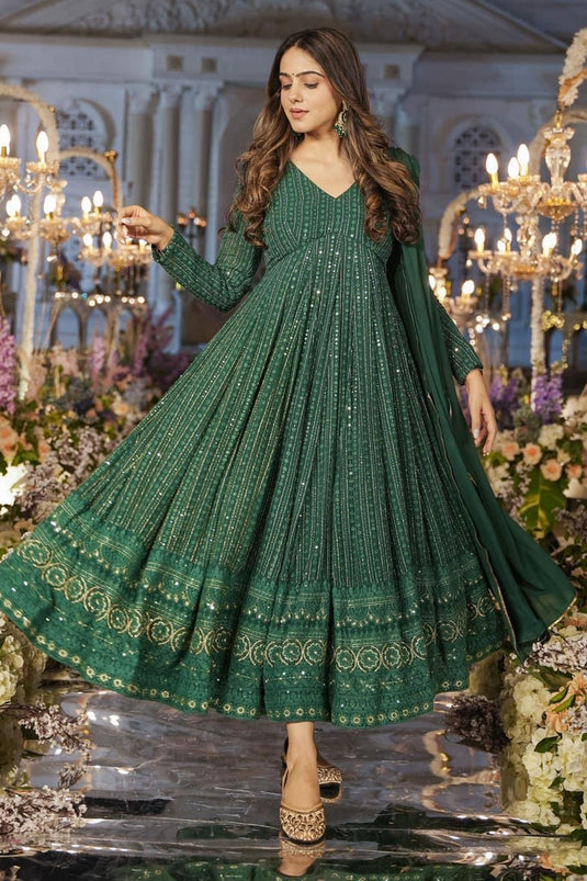 Green Color Georgette Fabric Special Sequins Design Gown With Dupatta