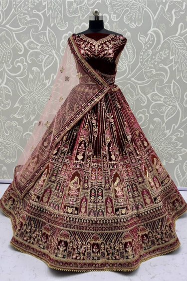 Maroon Velvet Heavy Embroidered Bridal Lehenga Choli