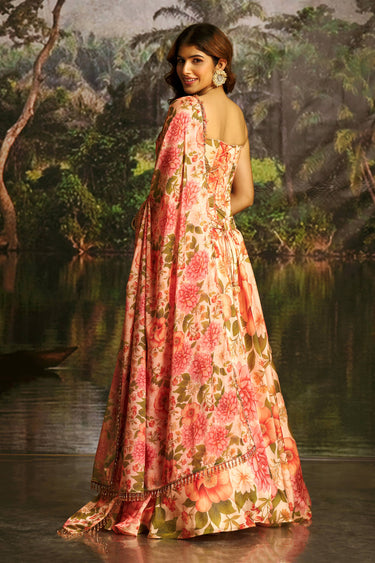 Floral Printed Georgette Peach Readymade Lehenga Set With Corset Blouse For Festive Wear