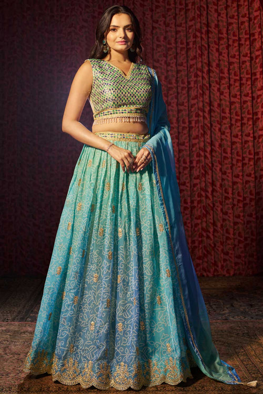 Traditional Blue Color Organza Fabric Lehenga