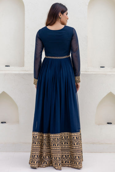 Navy Blue Embroidered Work Party Wear Anarkali Gown With Dupatta