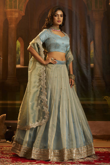 Sequins Work Art Silk Cyan Wedding Wear Lehenga Choli