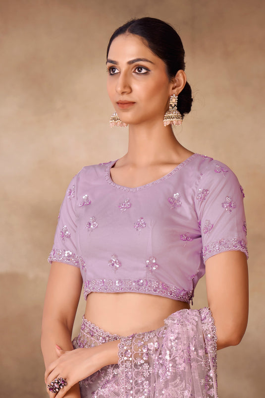 Lavender Color Sequins Work On Net Fabric Beatific Saree