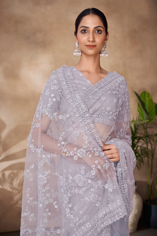 Sequins Work On Grey Color Gorgeous Saree In Net Fabric