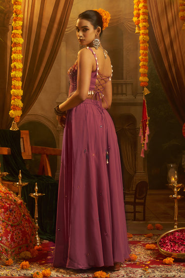 Pink Georgette Thread Mirror Work Designer Crop Top Palazzo Set