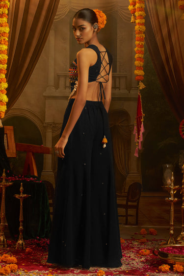 Premium Georgette Thread Embroidered Mirror Work Black Crop Top Palazzo Set