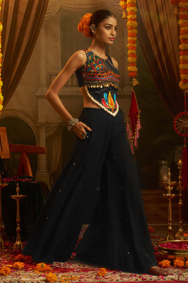 Premium Georgette Thread Embroidered Mirror Work Black Crop Top Palazzo Set