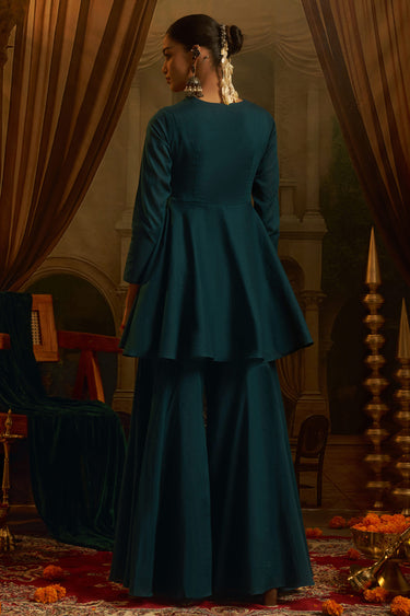 Teal Mul Cotton Designer Sharara Suit With Handwork Peplum Top