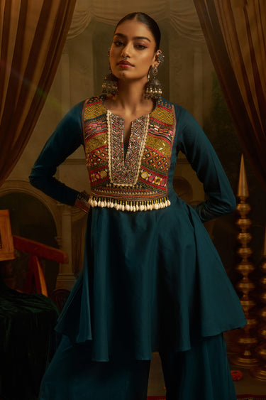 Teal Mul Cotton Designer Sharara Suit With Handwork Peplum Top