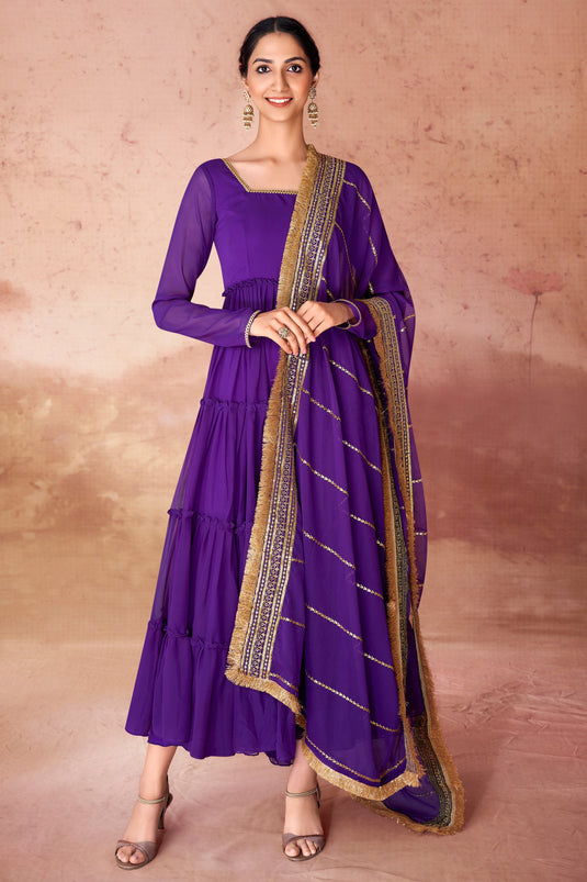 Excellent Georgette Fabric Purple Color Readymade Anarkali Suit With Embroidered Work