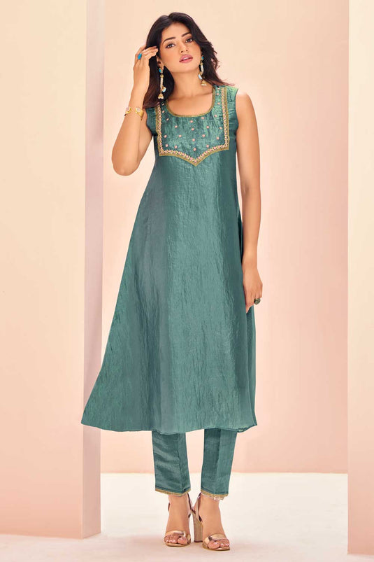 Creative Kurti With Bottom In Sky Blue Color Organza Fabric