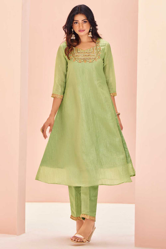 Marvellous Organza Fabric Kurti With Bottom In Sea Green Color