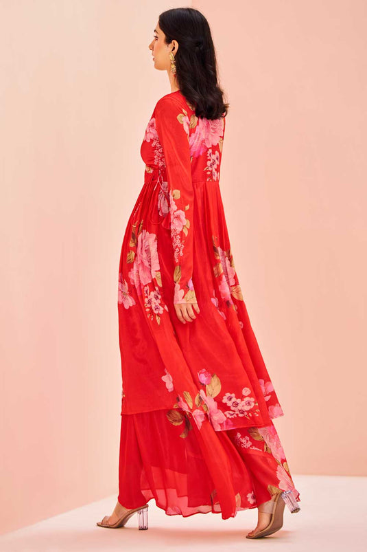 Red Color Chinon Fabric Beauteous Kurti With Bottom