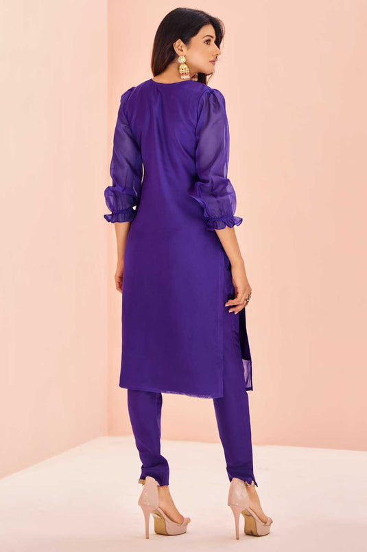 Sober Organza Fabric Purple Color Kurti With Bottom