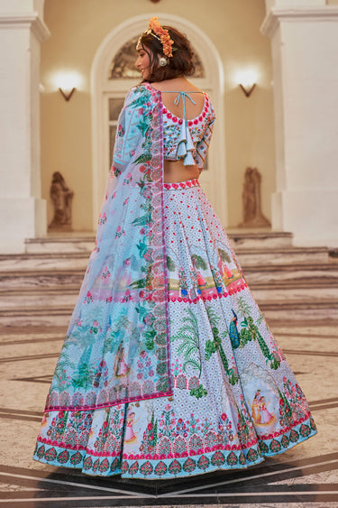 Flaming Blue Art Silk Printed Hand Work Lehenga Choli