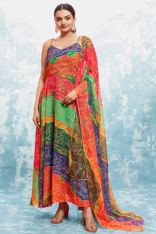 Georgette Fabric Multi Color Stylish Look Readymade Gown WIth Dupatta