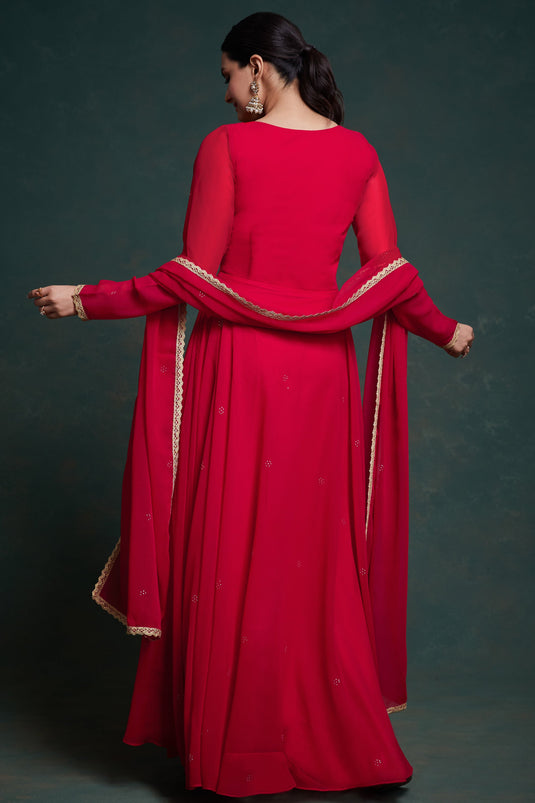 Ingenious Fancy Work Red Color Georgette Fabric Readymade Gown With Dupatta