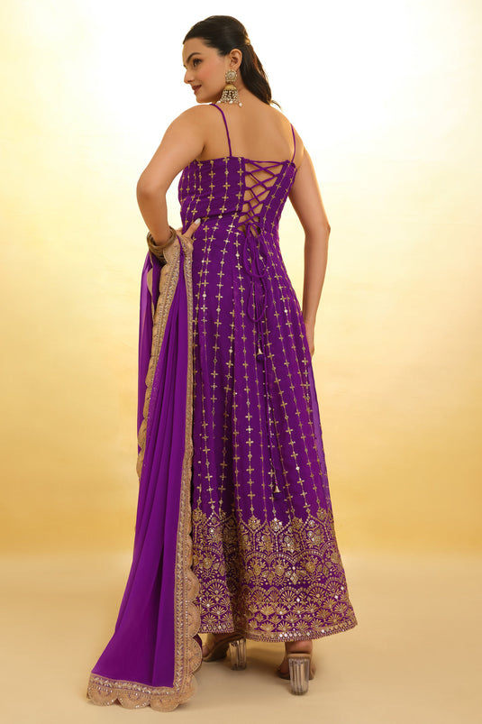 Embellished Purple Color Embroidered Georgette Readymade Salwar Suit