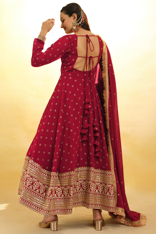 Fashionable Maroon Color Embroidered Georgette Readymade Salwar Suit