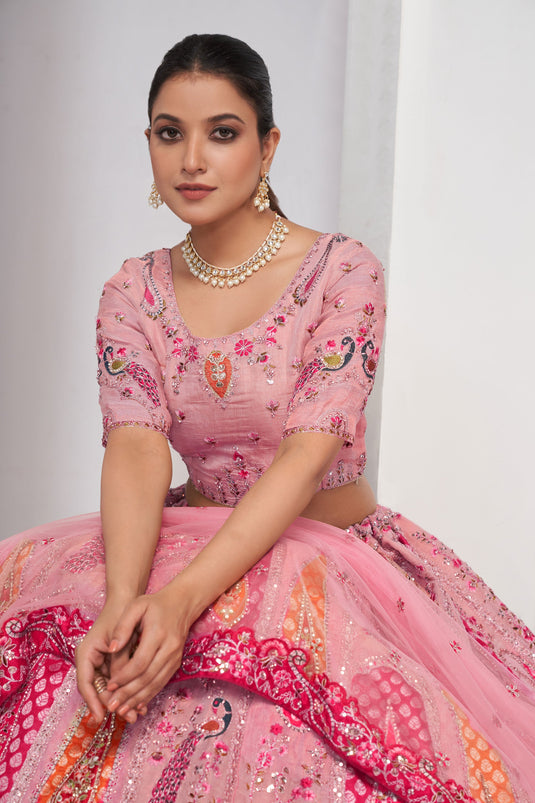 Silk Fabric Pink Color Riveting Lehenga With Sequins Work