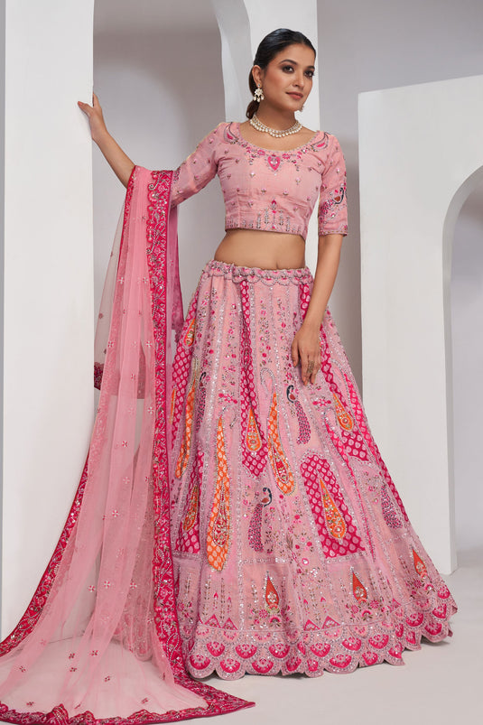 Silk Fabric Pink Color Riveting Lehenga With Sequins Work